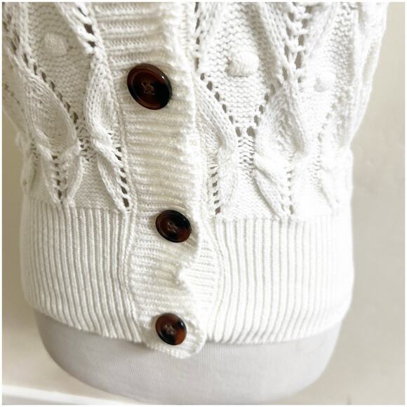 Rye Grass Cropped Cardigan Crochet Cable Knit Sweater Size Medium White V-Neck - Picture 9 of 10